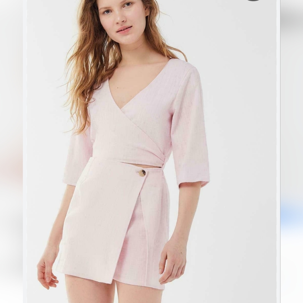 Urban Outfitters UO Molly Surplice Front-Slit Skort Romper Pink Tie Wrap…